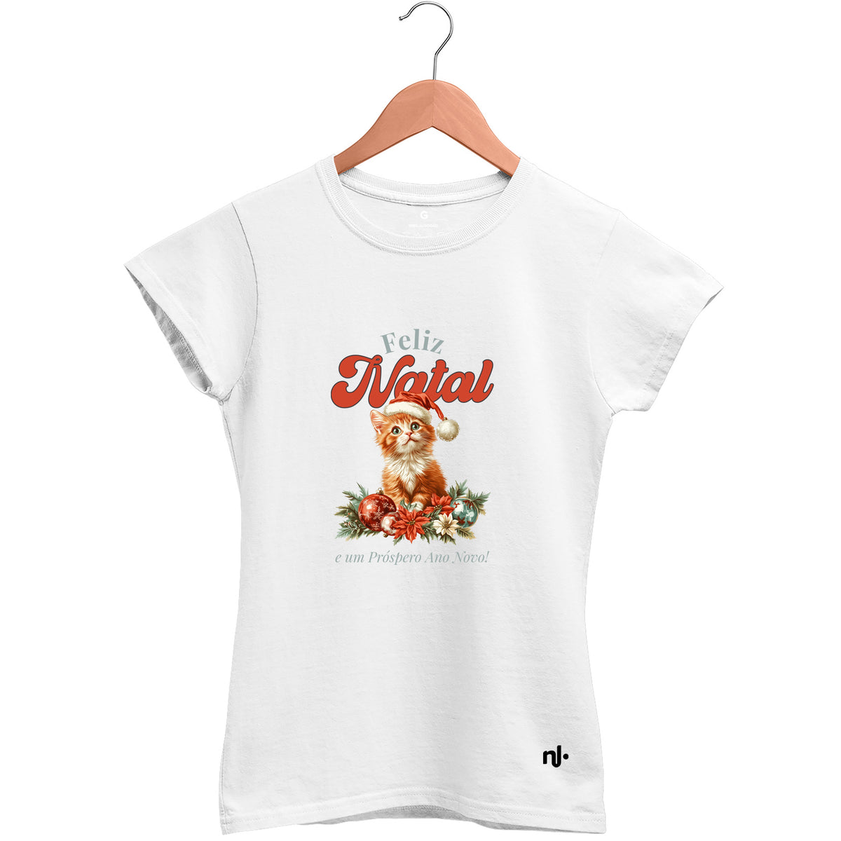 Camiseta Feminina Babylook Gatinho Natal