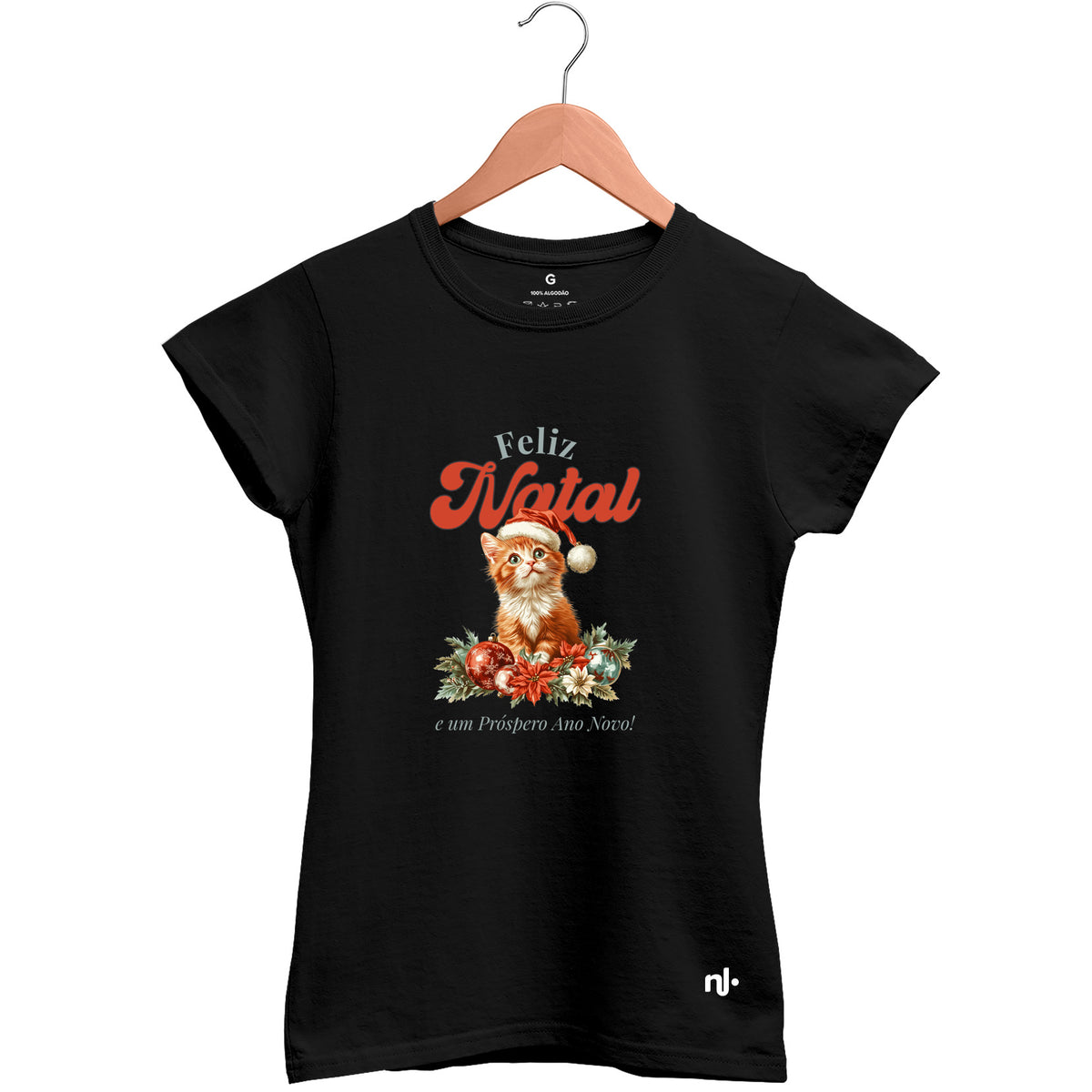 Camiseta Feminina Babylook Gatinho Natal