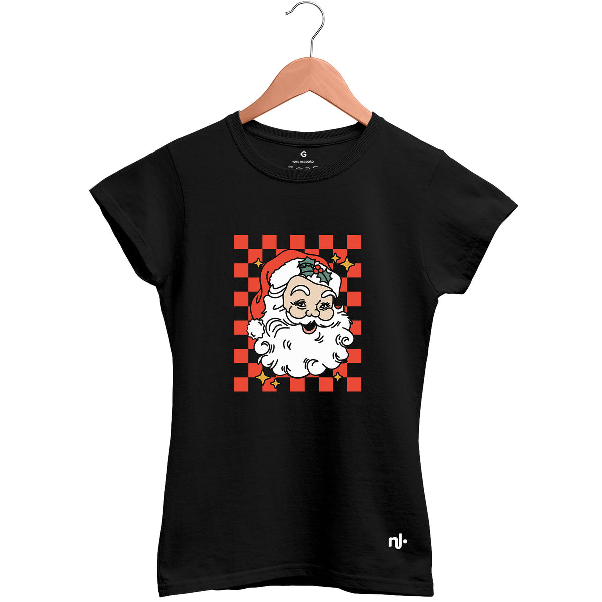 Camiseta Feminina Babylook Xadrez Noel